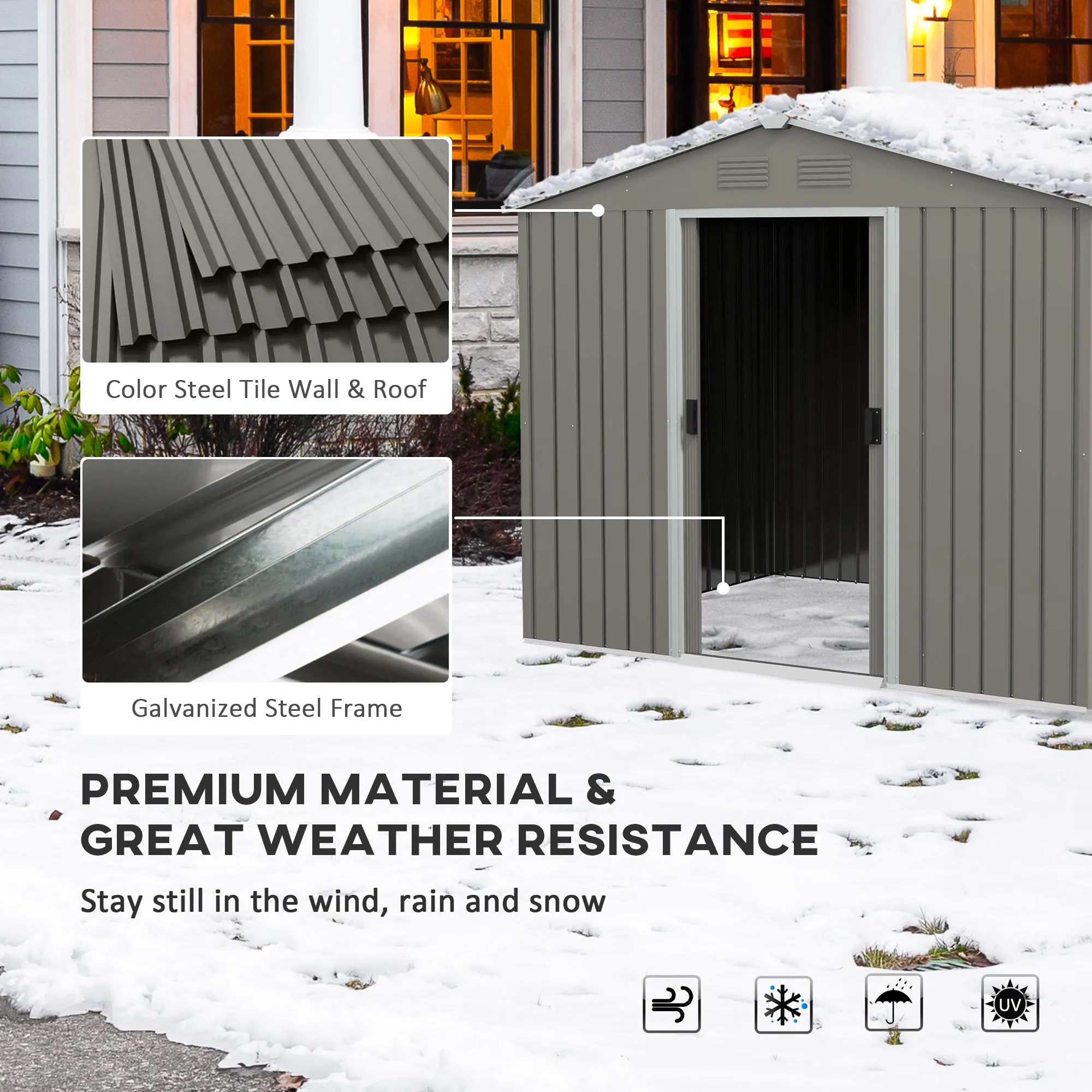 8 x 6ft Outdoor Garden Storage Shed, Metal Tool House with Ventilation and Sliding Doors, Grey