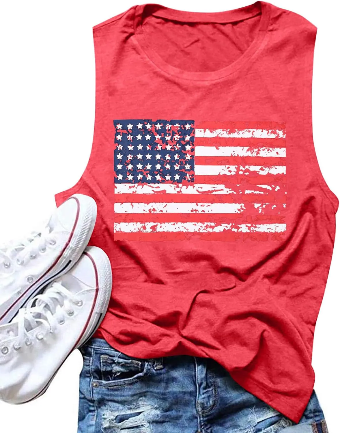 American Flag Print Tank Tops Women USA Stars Stripes Patriotic T Shirt Summer Loose Vest Tees