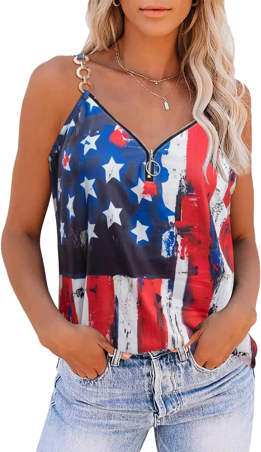 American Flag Print Tank Tops Women USA Stars Stripes Patriotic T Shirt Summer Loose Vest Tees