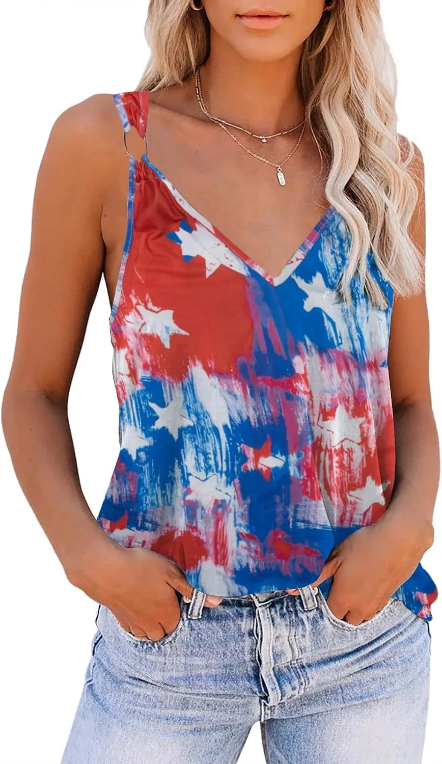 American Flag Print Tank Tops Women USA Stars Stripes Patriotic T Shirt Summer Loose Vest Tees