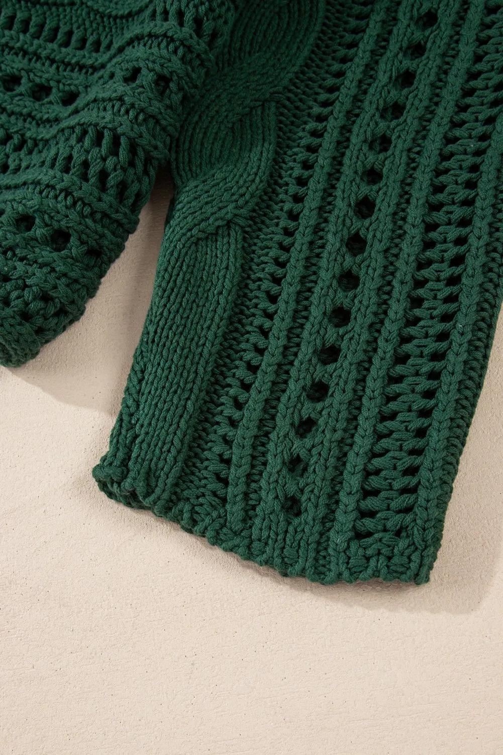 Blackish Green Hollow-out Cable Knit Cropped Sweater