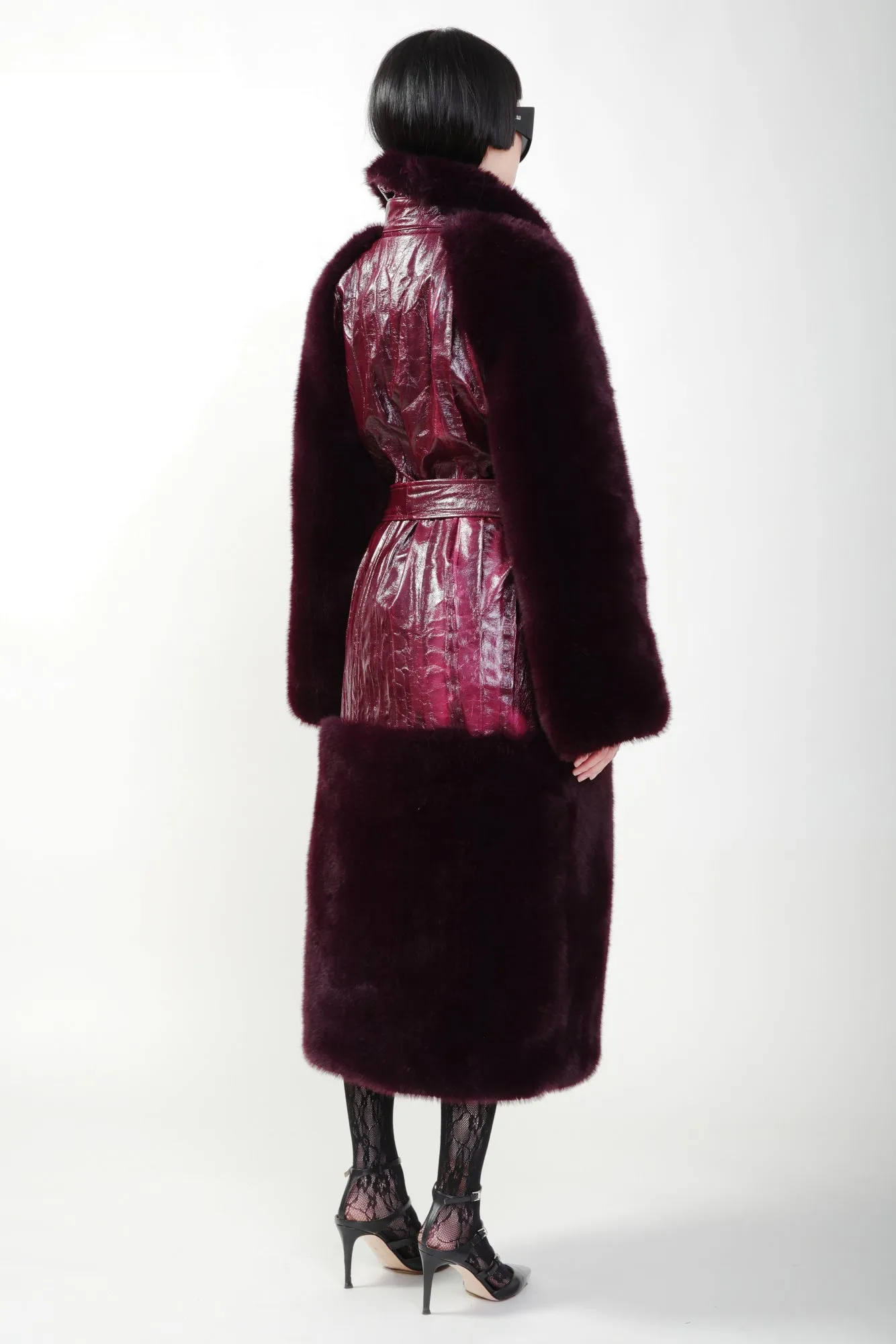 Bordeaux Vegan Fur Sleeves and Trim Coat