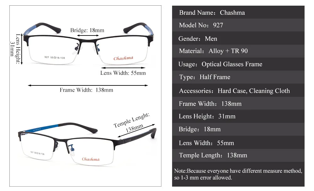 Chashma Ochki Men's Semi Rim Rectangle Alloy Eyeglasses 927