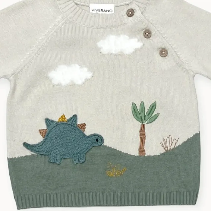 Dino Applique Button Baby Pullover Organic Sweater