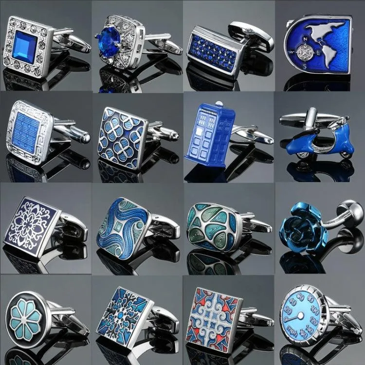 Elegant Blue Enamel and Crystal Vintage Cufflinks for Men