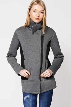 Fleece Fishnet Side Panel Asymmetrical Zip-up Jacket In Grey