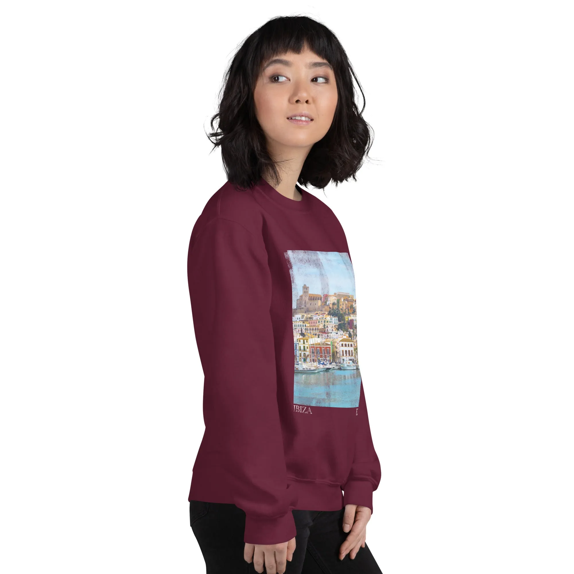 Ibiza Town Photo Print Women's Sweatshirt Burgundy