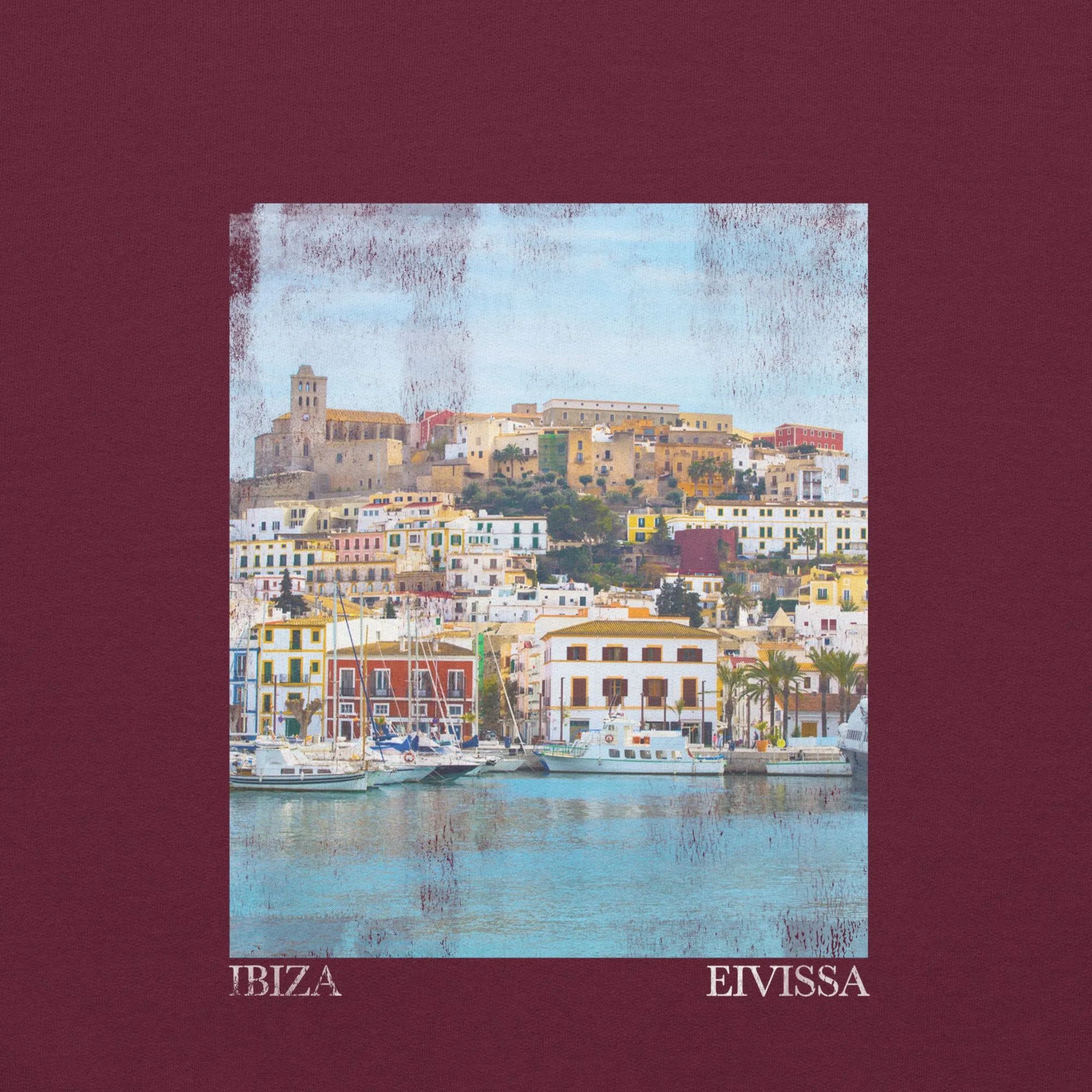 Ibiza Town Photo Print Women's Sweatshirt Burgundy