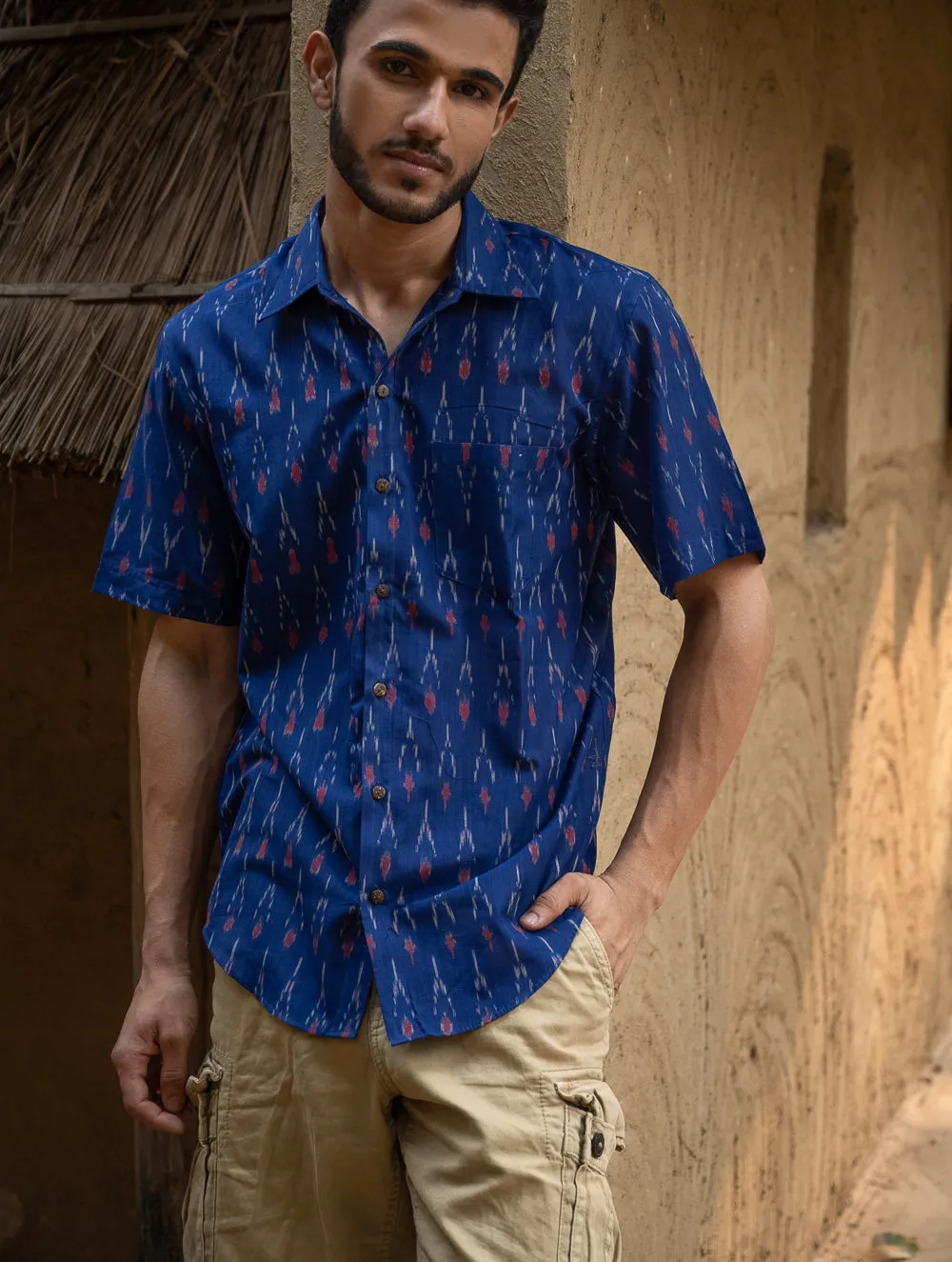 Ikat Hand Woven Soft Cotton Shirt - Blue Arrows