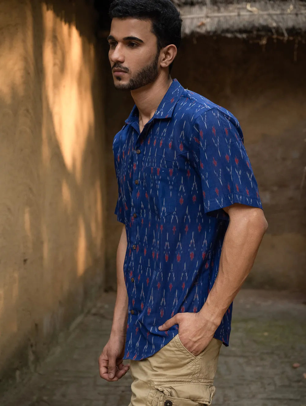 Ikat Hand Woven Soft Cotton Shirt - Blue Arrows