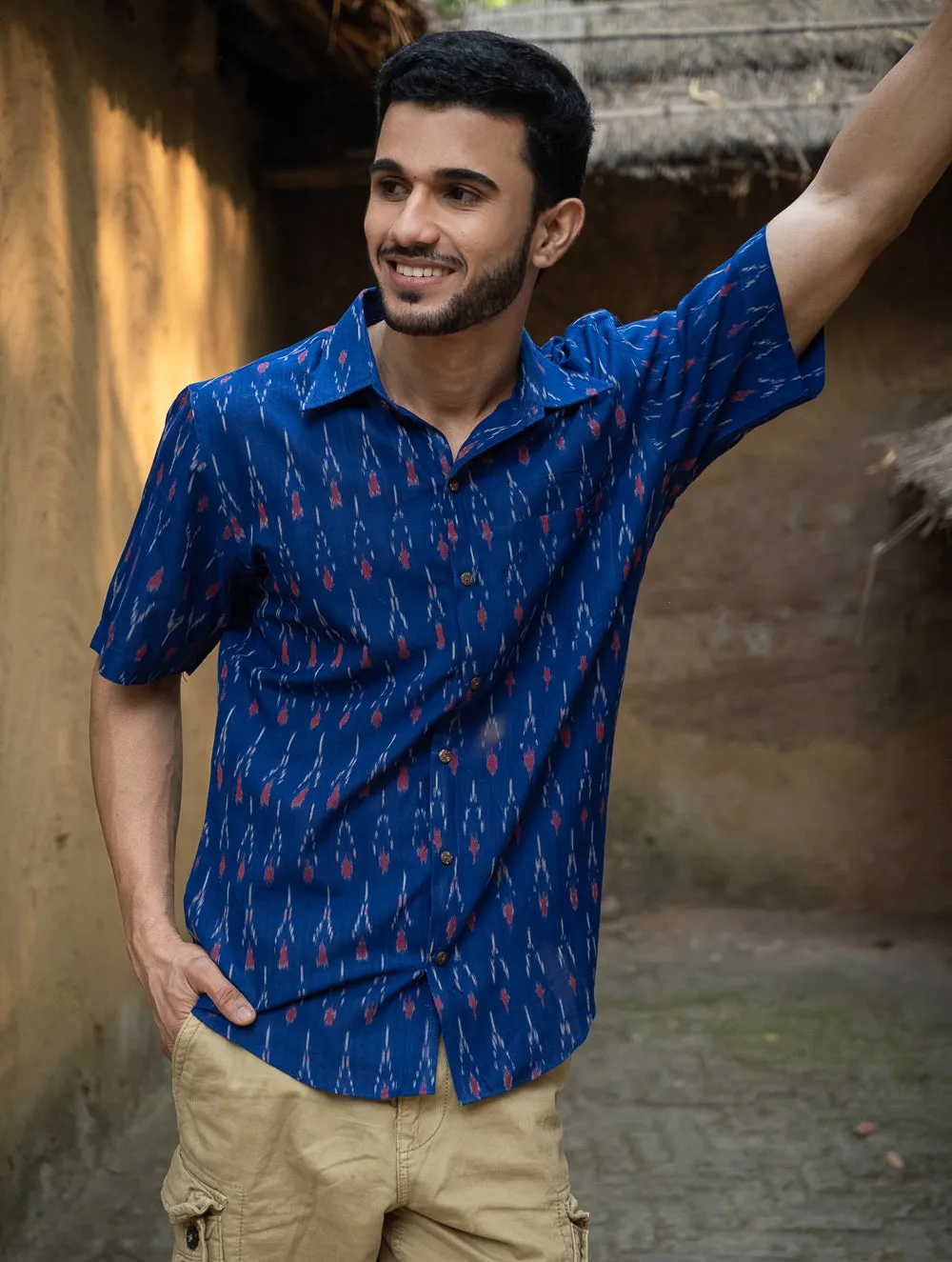 Ikat Hand Woven Soft Cotton Shirt - Blue Arrows