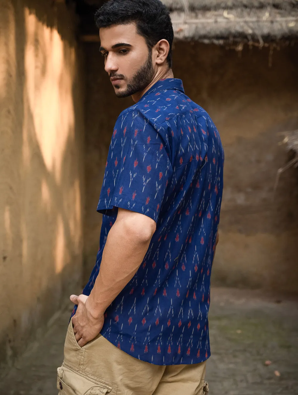 Ikat Hand Woven Soft Cotton Shirt - Blue Arrows