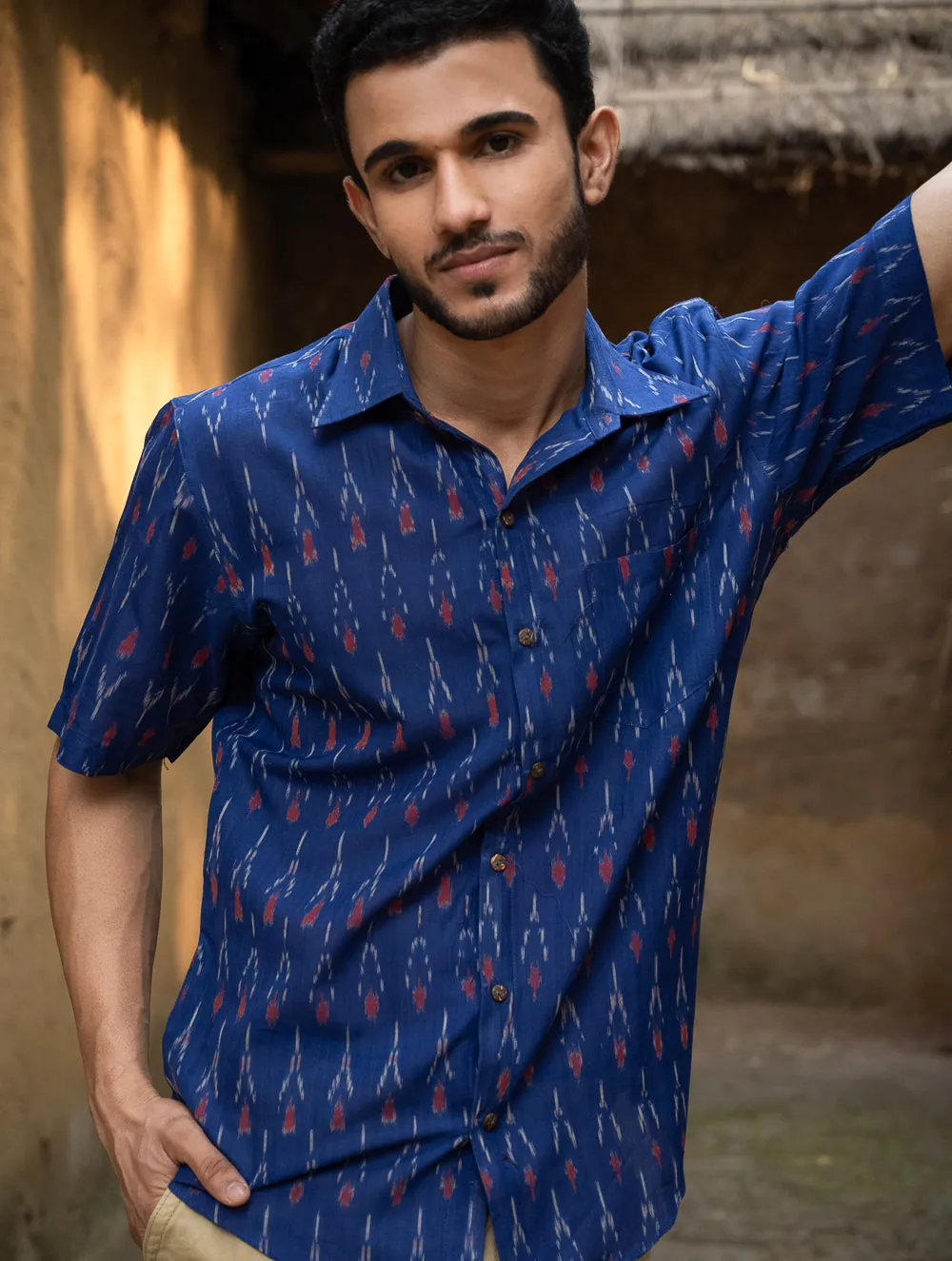 Ikat Hand Woven Soft Cotton Shirt - Blue Arrows