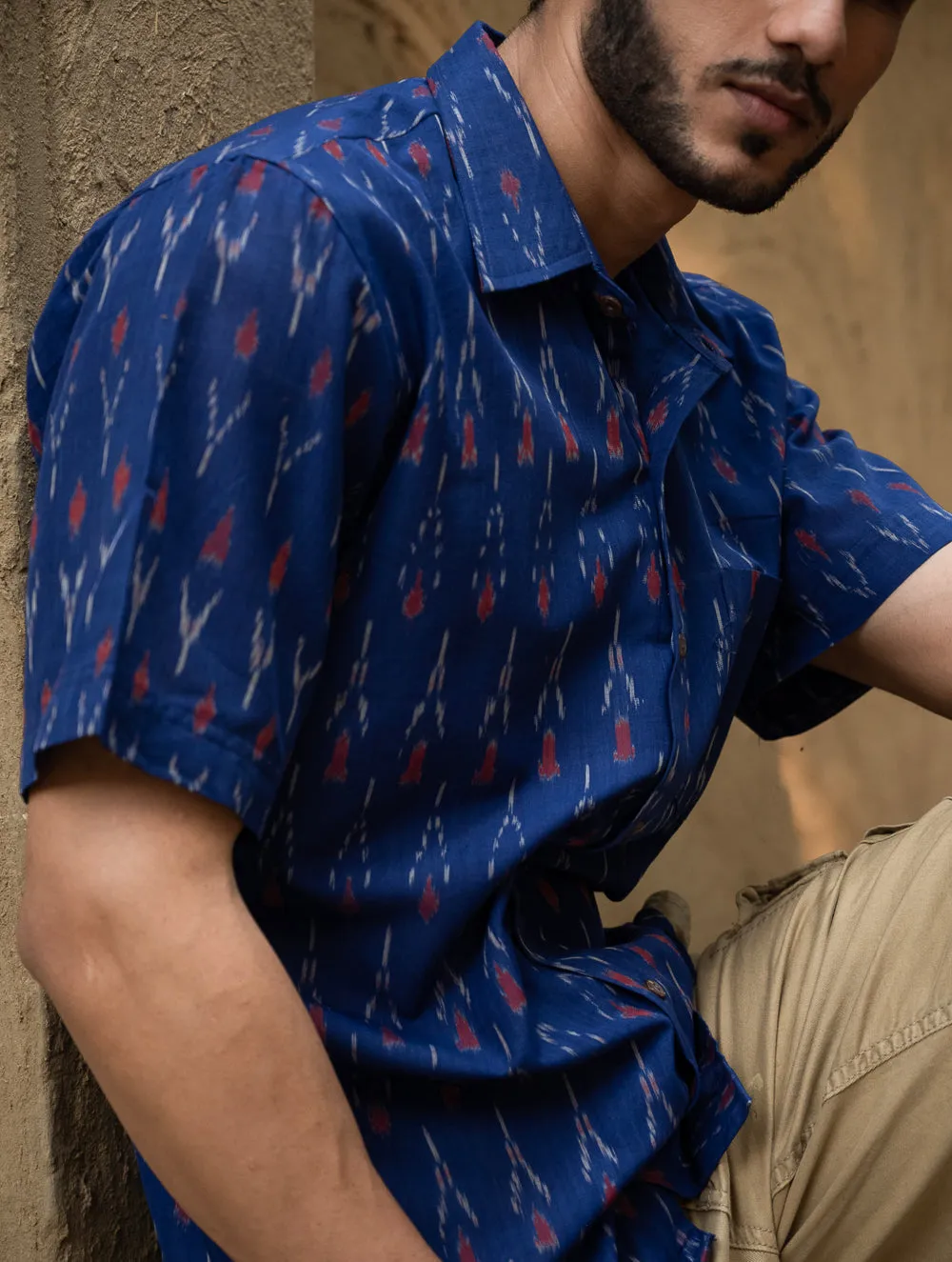 Ikat Hand Woven Soft Cotton Shirt - Blue Arrows