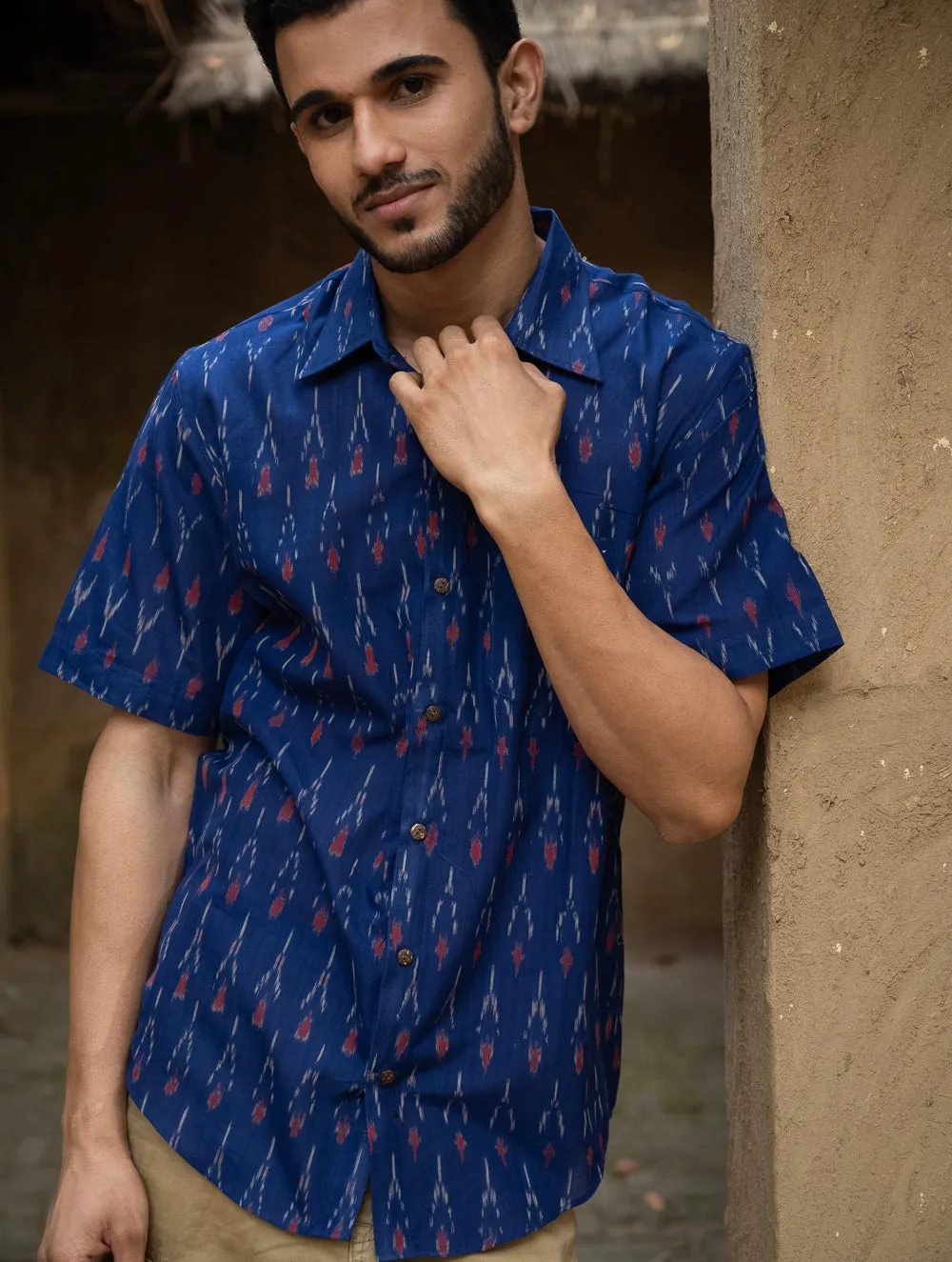 Ikat Hand Woven Soft Cotton Shirt - Blue Arrows