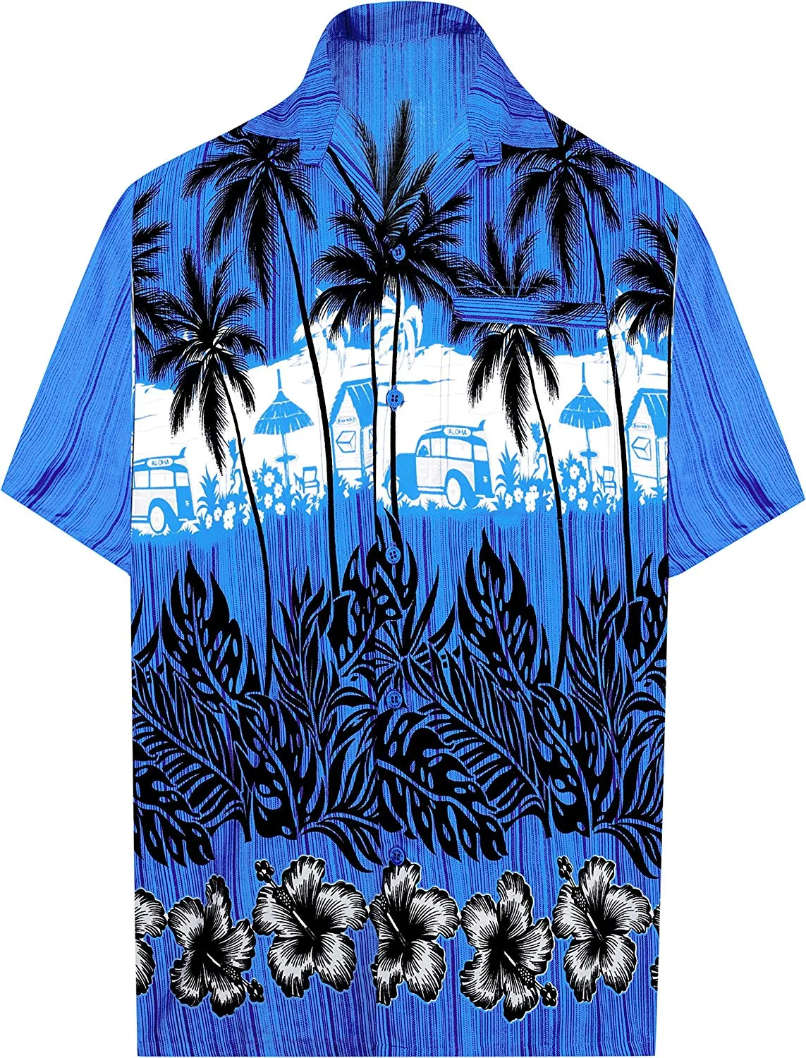 LA LEELA Hawaiian Shirt for Men Short Sleeve Front-Pocket Beach Palm Tree Blue