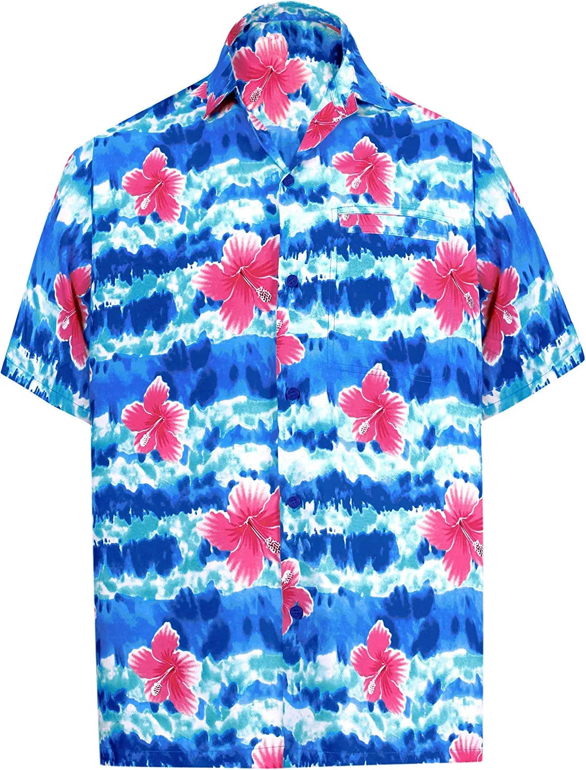 LA LEELA Hawaiian Shirt for Men Short Sleeve Front-Pocket Beach Palm Tree Blue