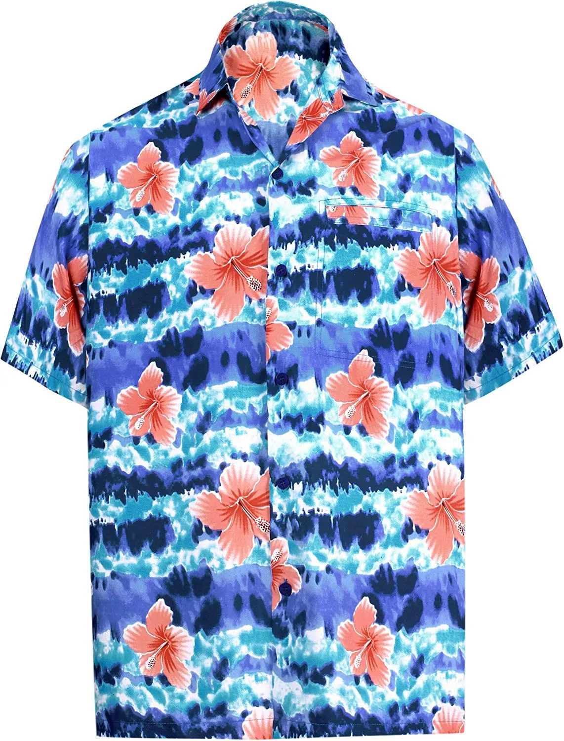 LA LEELA Hawaiian Shirt for Men Short Sleeve Front-Pocket Beach Palm Tree Blue