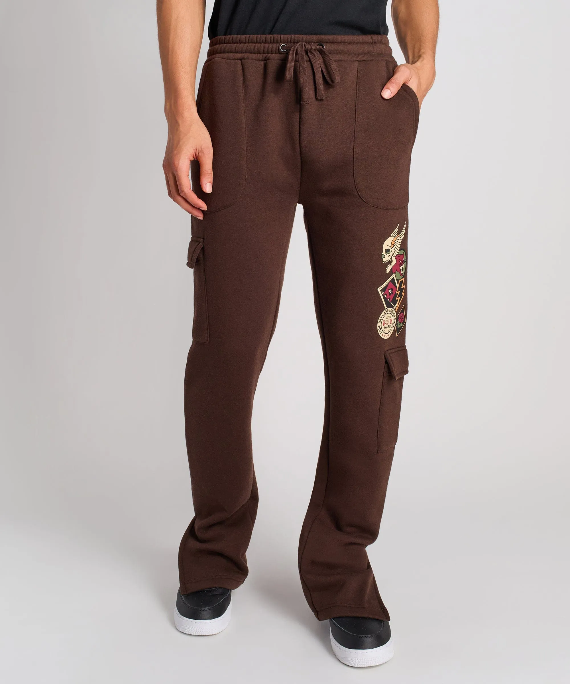 Military Patches Flare Fleece Pants - Brown