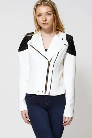 Patterned Leatherette Shoulder Panel Biker Jacket