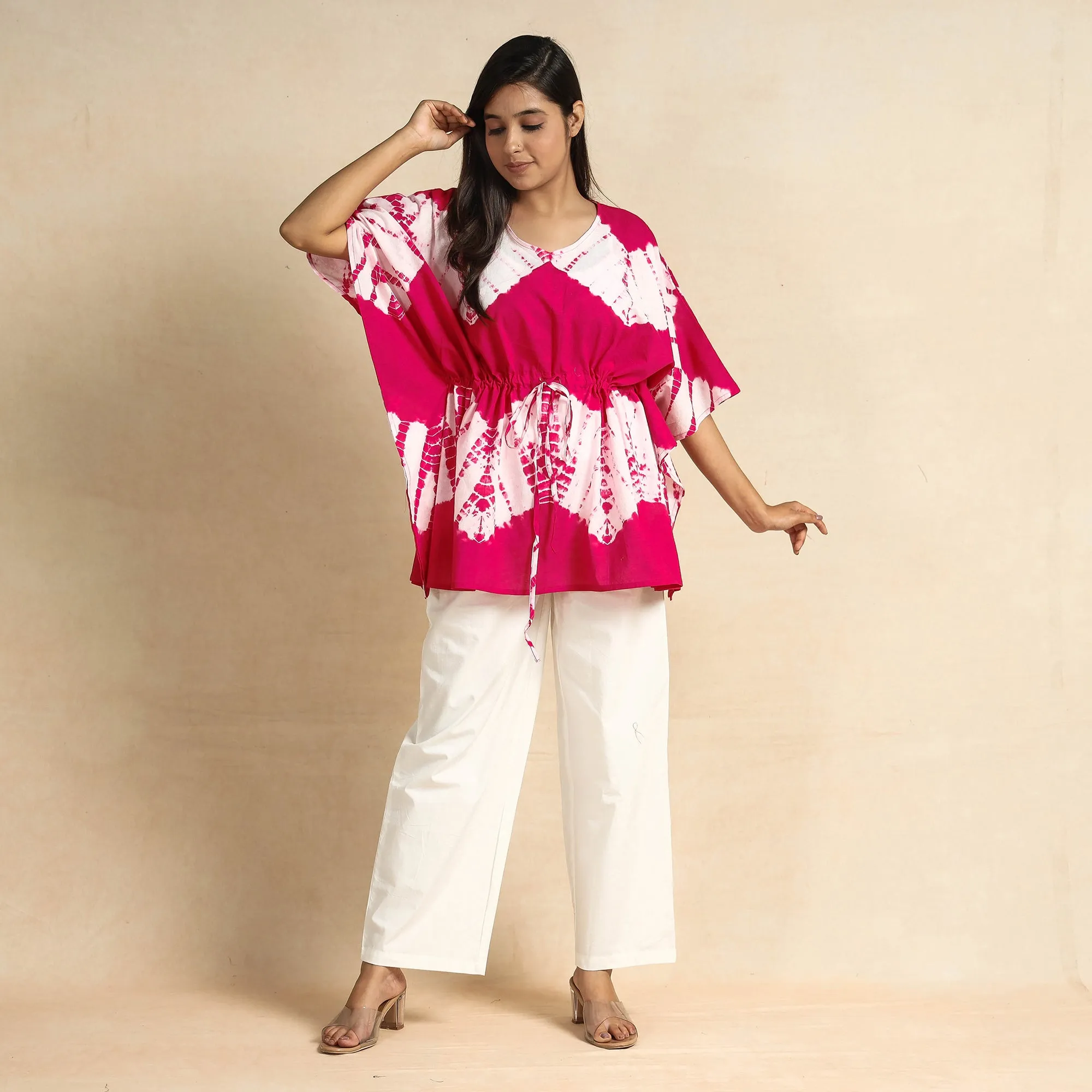 Pink - Shibori Tie-Dye Cotton Kaftan & Pyjama Night Suit Set