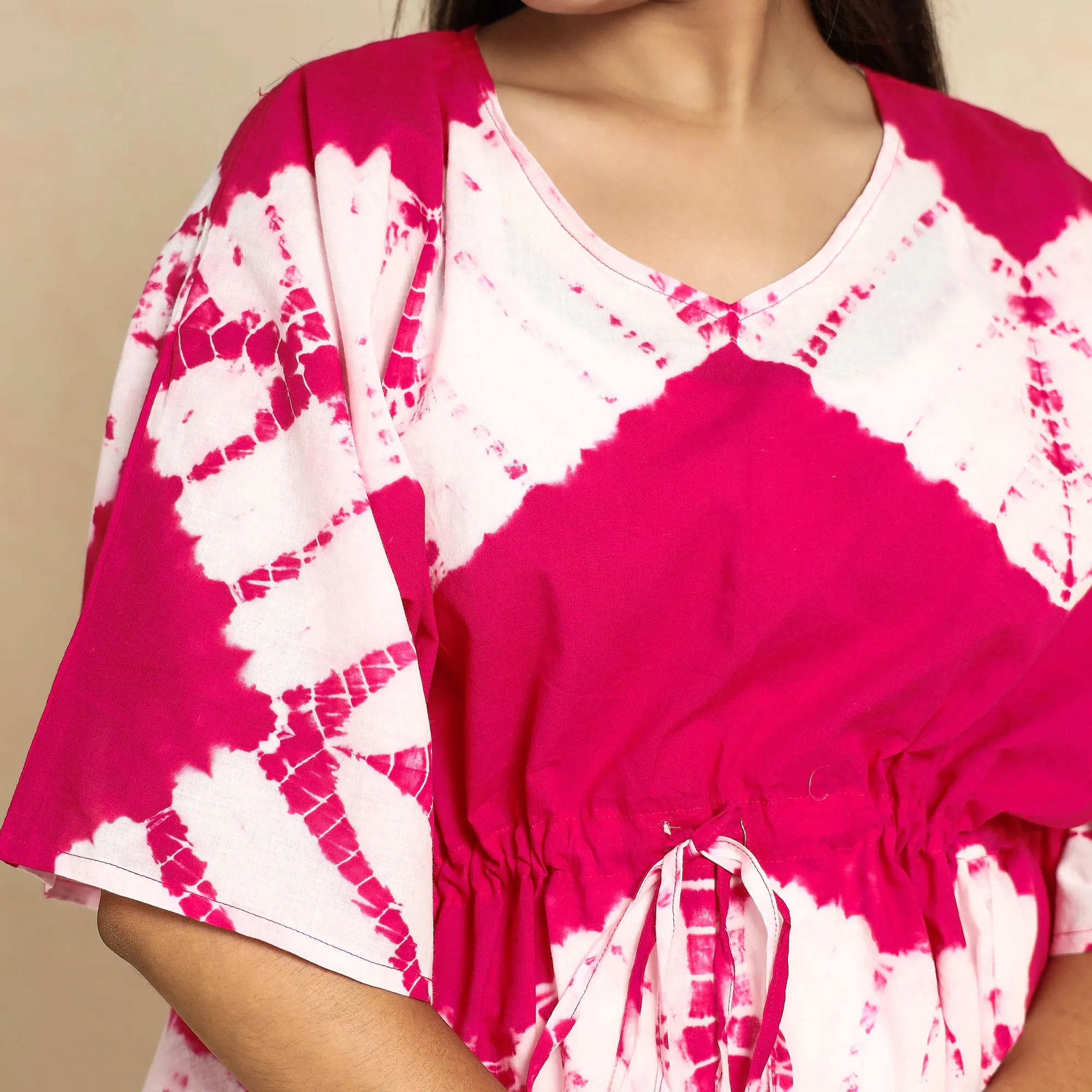 Pink - Shibori Tie-Dye Cotton Kaftan & Pyjama Night Suit Set