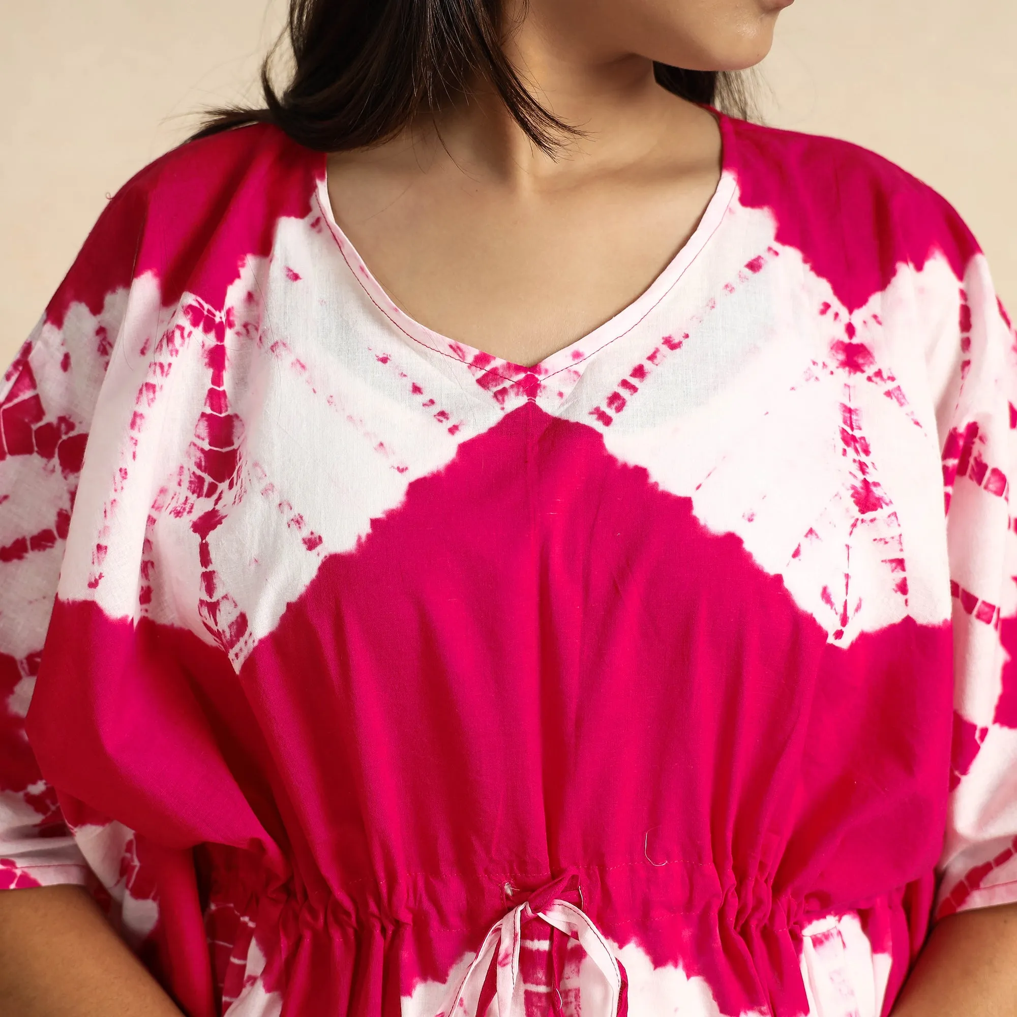 Pink - Shibori Tie-Dye Cotton Kaftan & Pyjama Night Suit Set