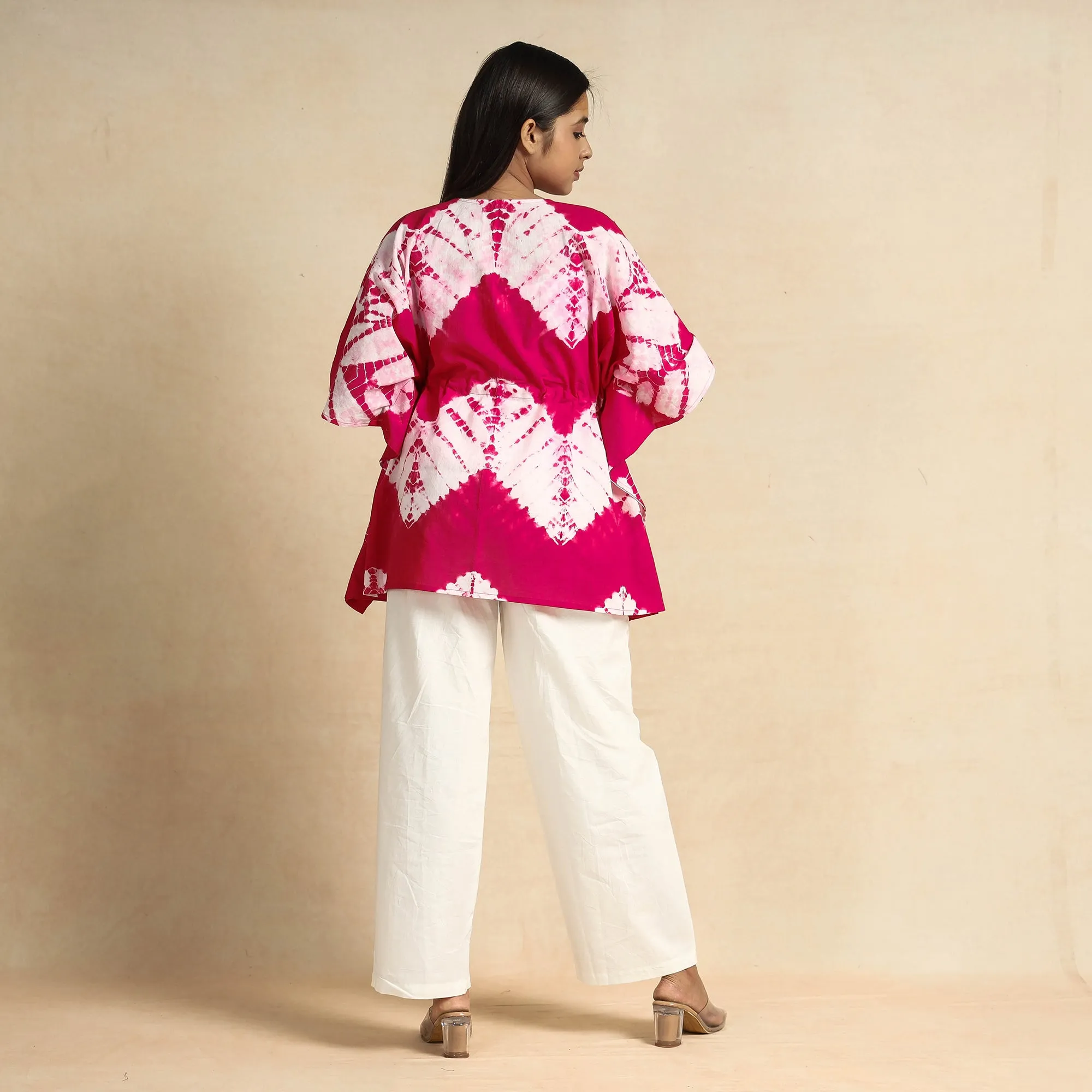 Pink - Shibori Tie-Dye Cotton Kaftan & Pyjama Night Suit Set