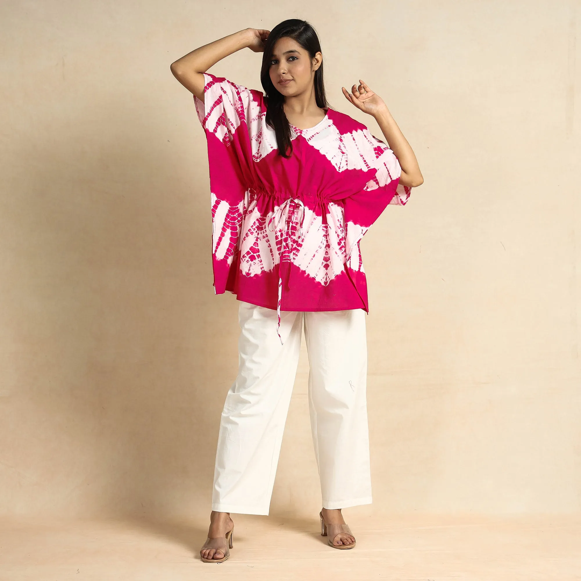 Pink - Shibori Tie-Dye Cotton Kaftan & Pyjama Night Suit Set