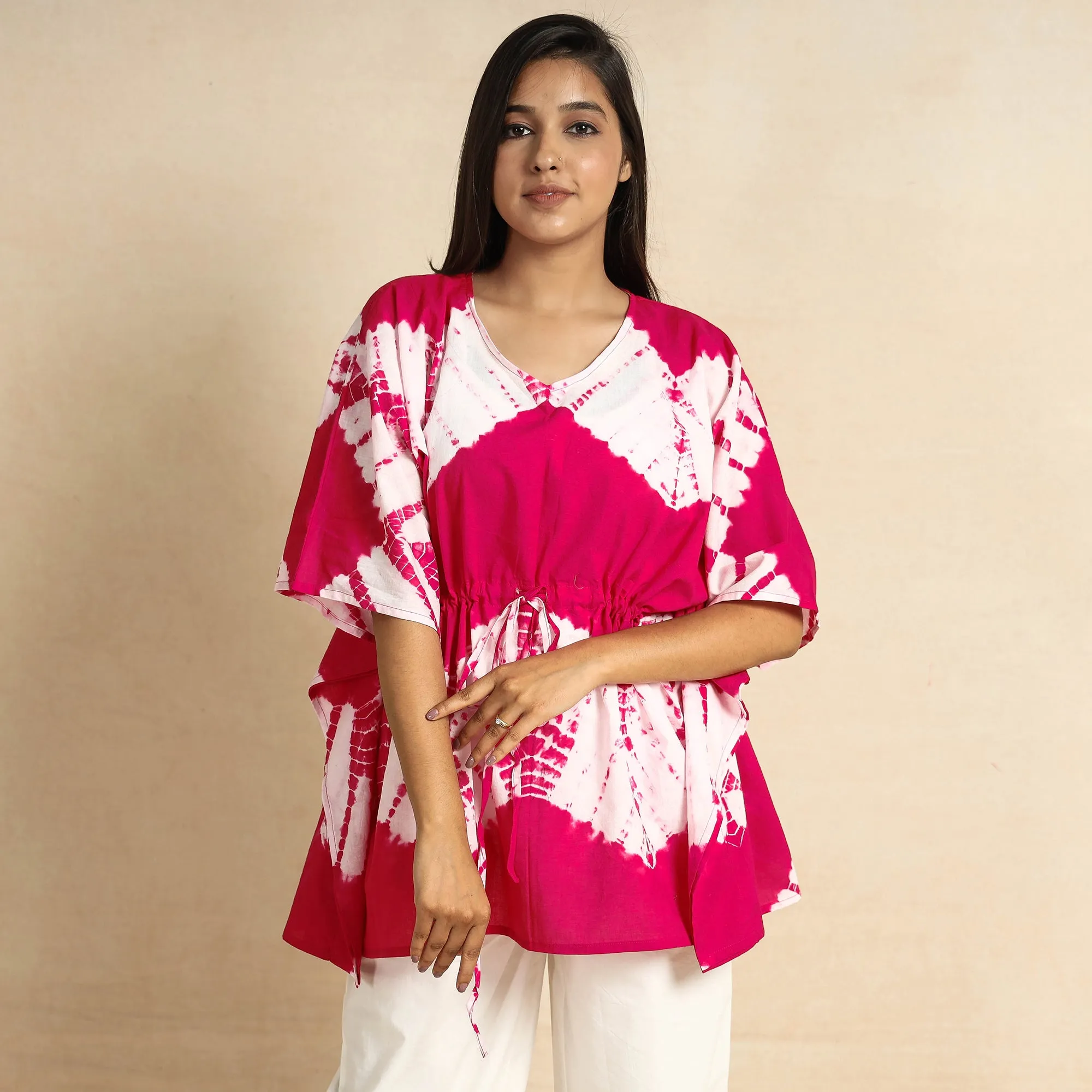 Pink - Shibori Tie-Dye Cotton Kaftan & Pyjama Night Suit Set