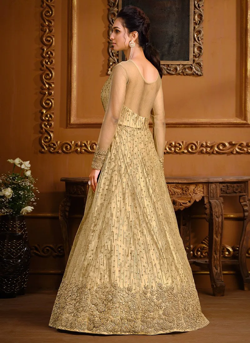 Slit Style Light Gold Net Embellished Anarkali Pant/Lehenga Suit