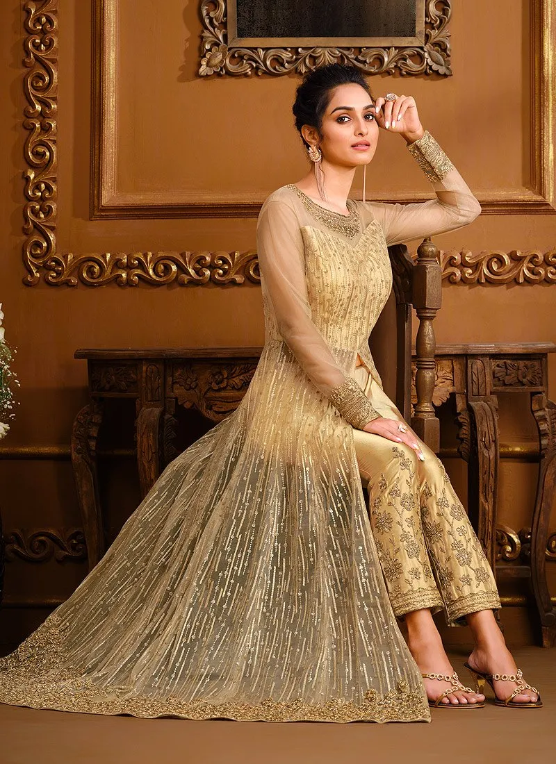 Slit Style Light Gold Net Embellished Anarkali Pant/Lehenga Suit