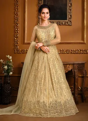 Slit Style Light Gold Net Embellished Anarkali Pant/Lehenga Suit