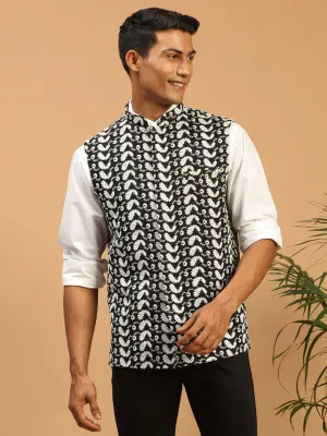 VASTRAMAY Black Chikankari Cotton Nehru Jacket