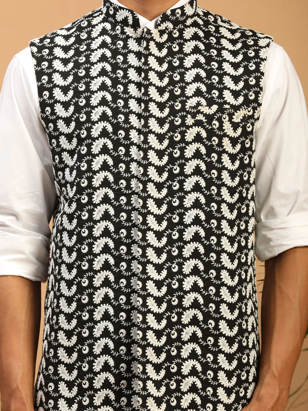 VASTRAMAY Black Chikankari Cotton Nehru Jacket