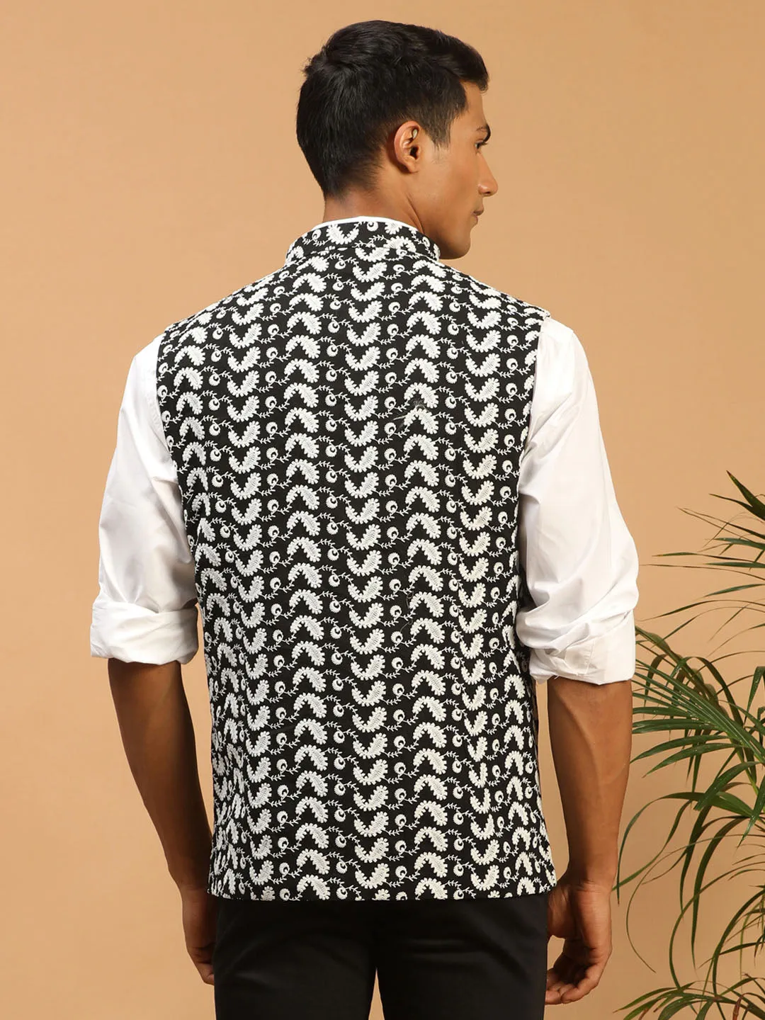 VASTRAMAY Black Chikankari Cotton Nehru Jacket