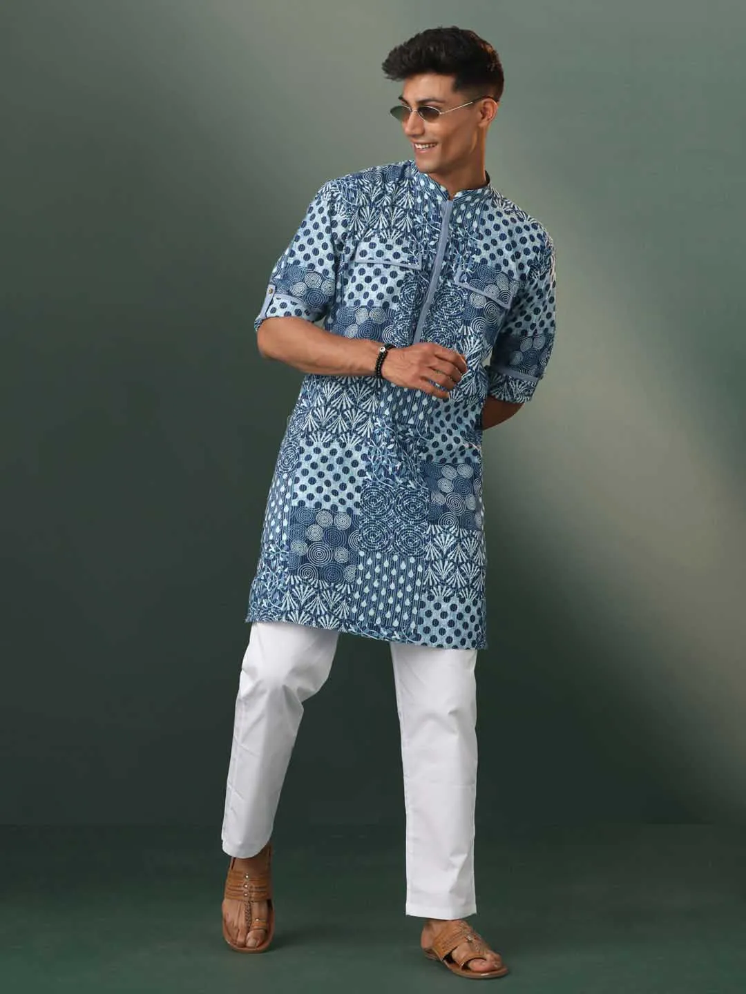 VASTRAMAY Grey Block Print Kurta Pyjama