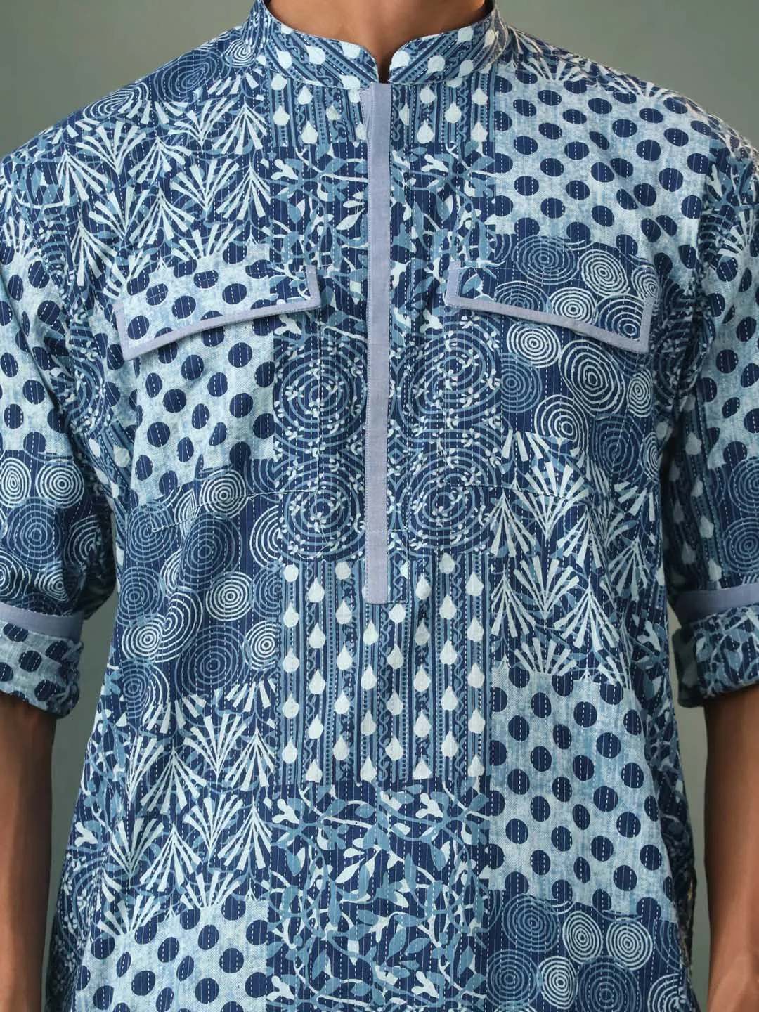 VASTRAMAY Grey Block Print Kurta Pyjama