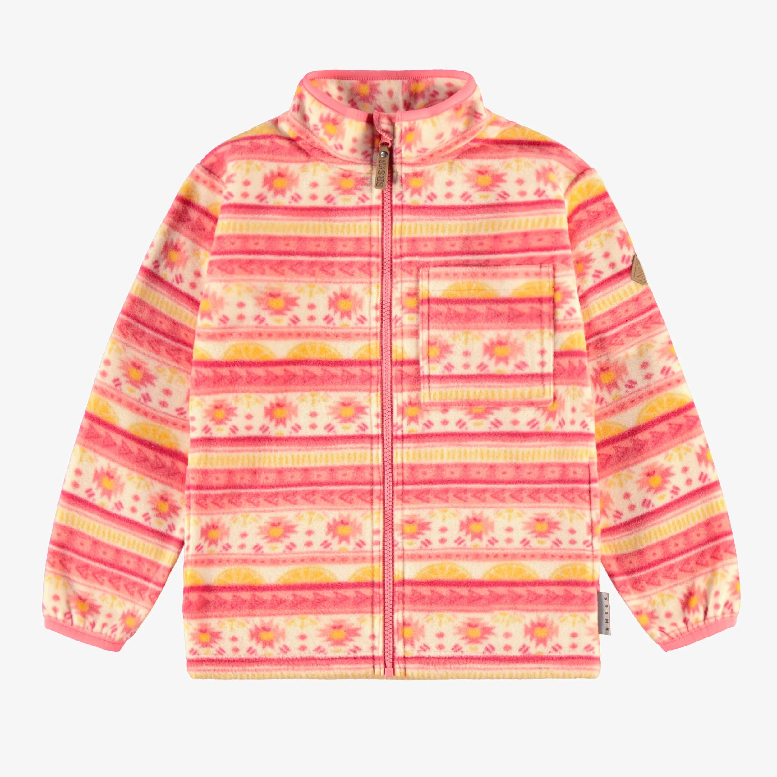 Veste de polar rose à motifs et col montant, enfant || Pink fleece vest with all over print and high collar, child