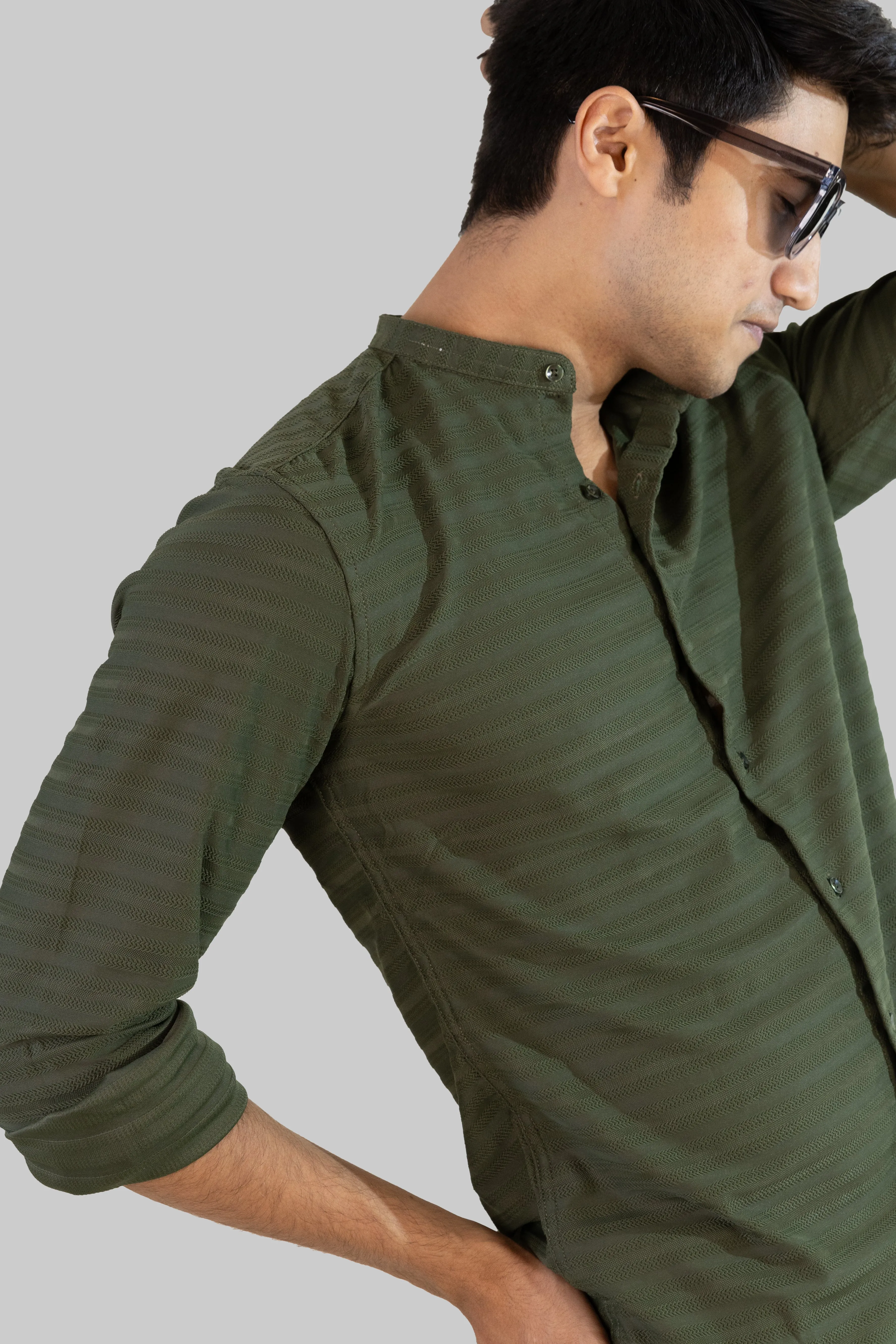 Weave Line Mandarin Collar Shirt - Olive Green