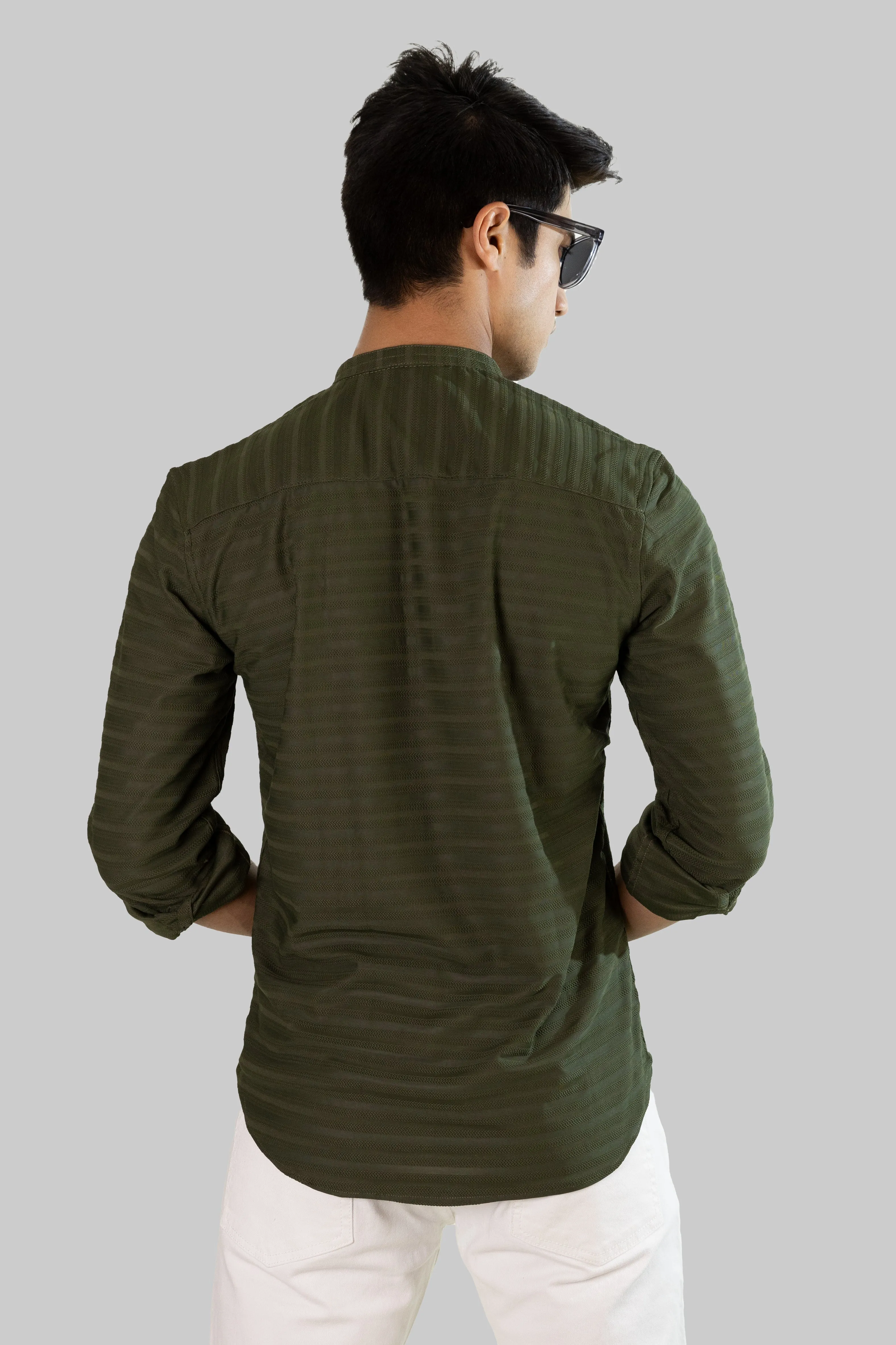 Weave Line Mandarin Collar Shirt - Olive Green