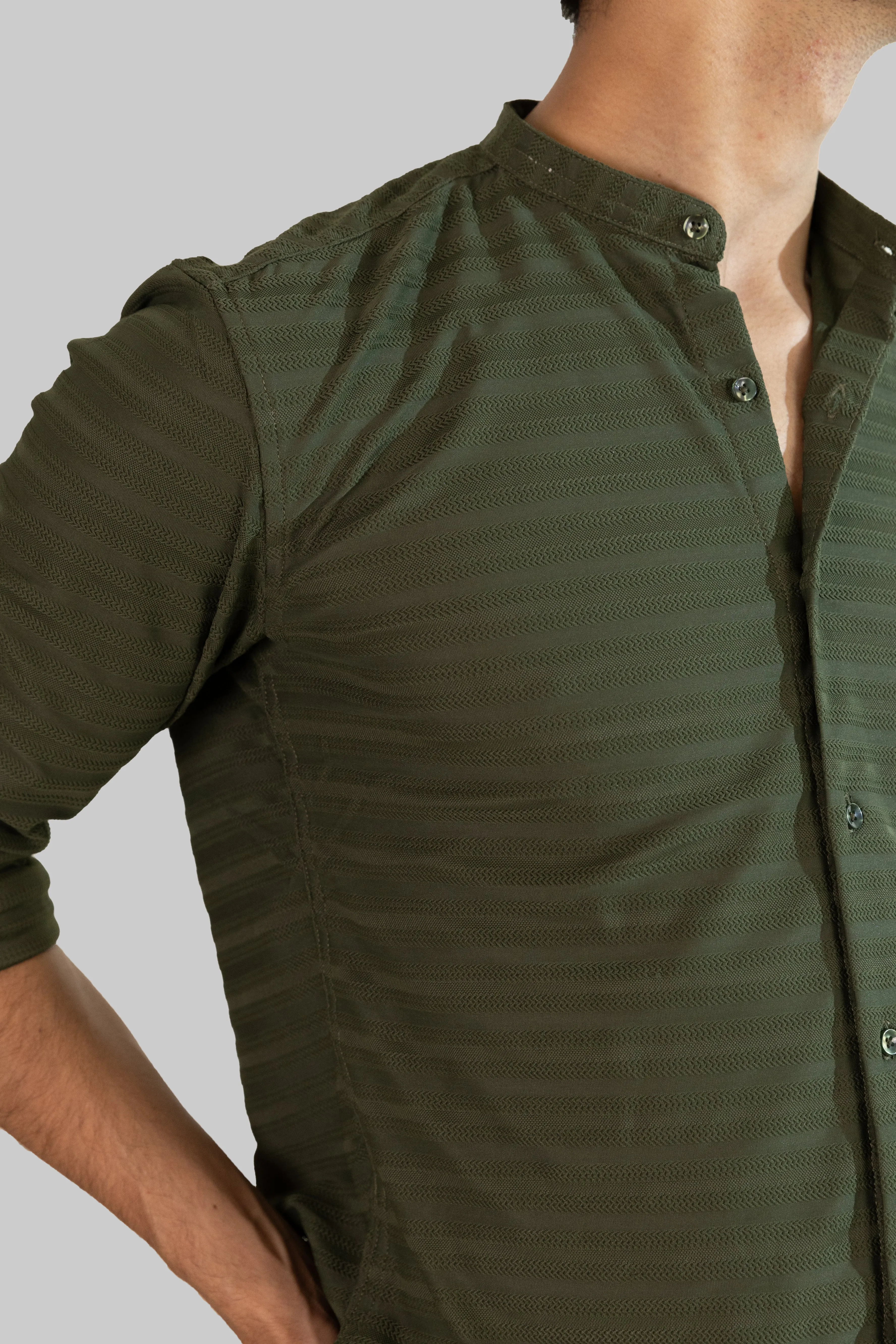 Weave Line Mandarin Collar Shirt - Olive Green