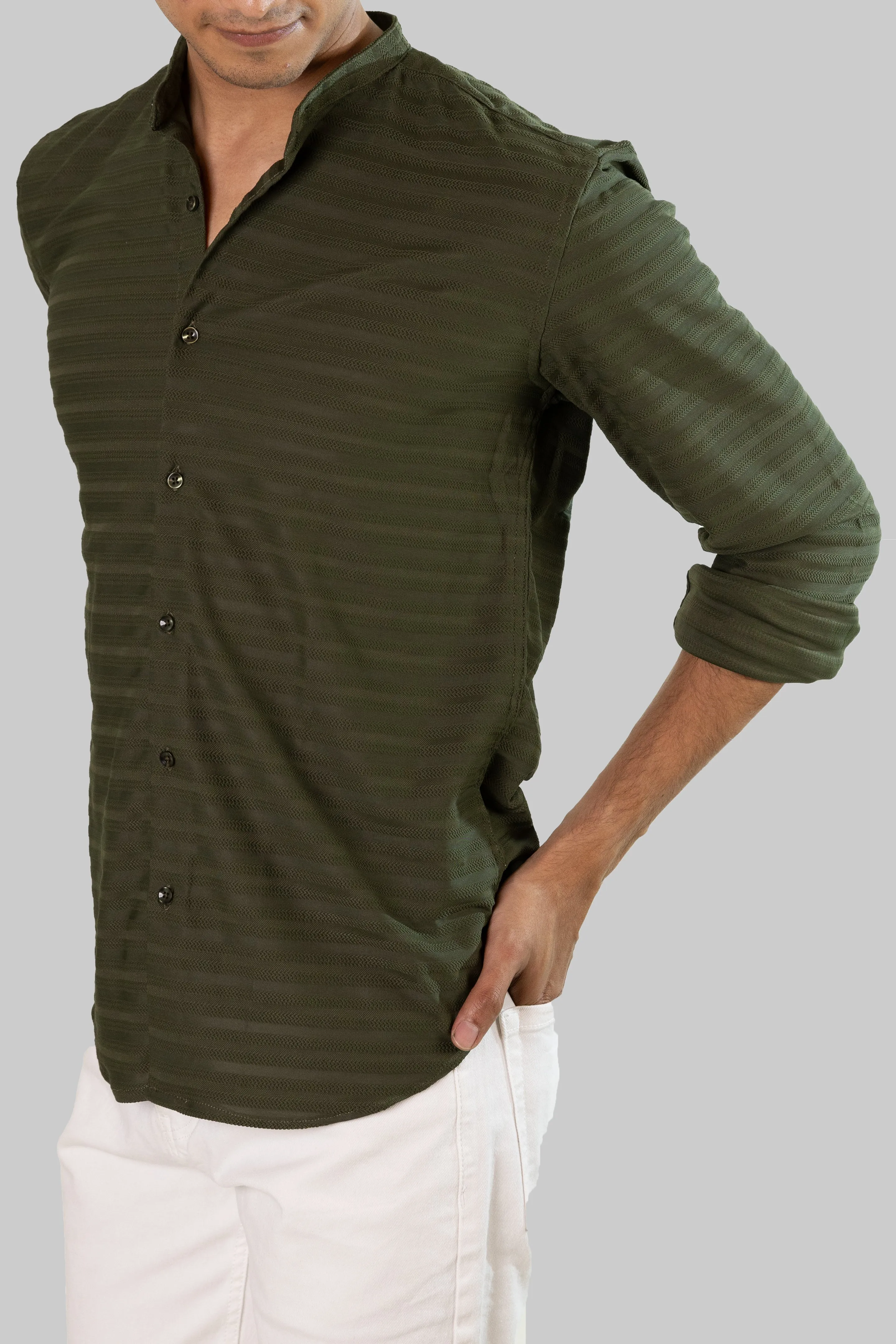 Weave Line Mandarin Collar Shirt - Olive Green