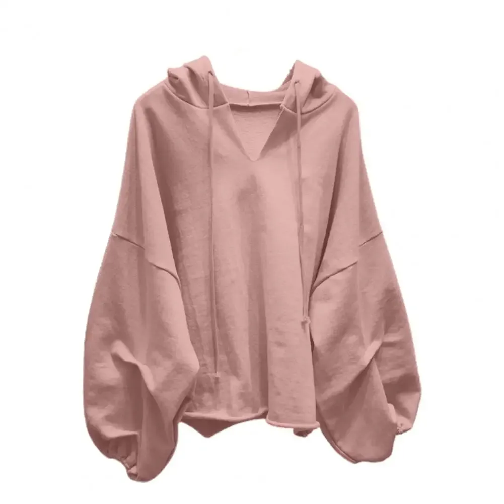 Women Hoodies Sweatshirt Solid Color Drawstring Pullover Hoodie Autumn Batwing Sleeve V-Neck Women Sweatshirt Loose Jumper 2021