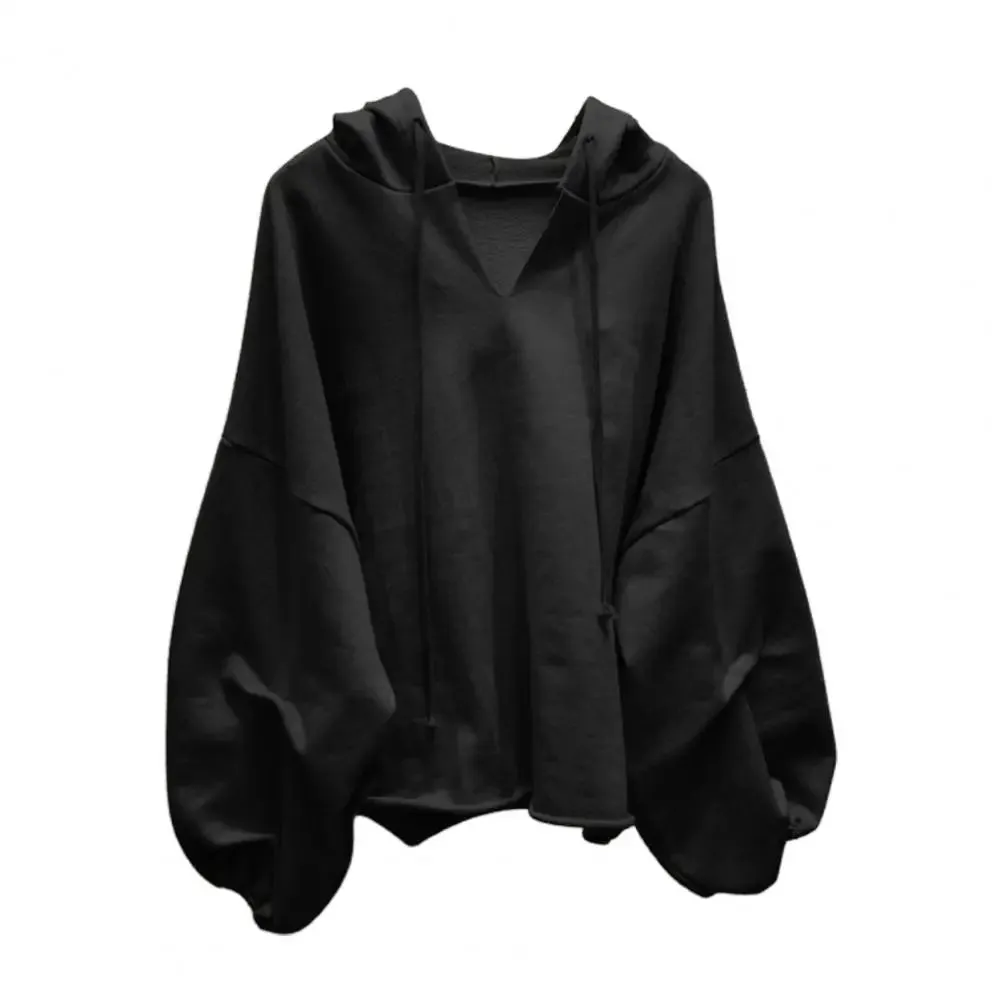 Women Hoodies Sweatshirt Solid Color Drawstring Pullover Hoodie Autumn Batwing Sleeve V-Neck Women Sweatshirt Loose Jumper 2021