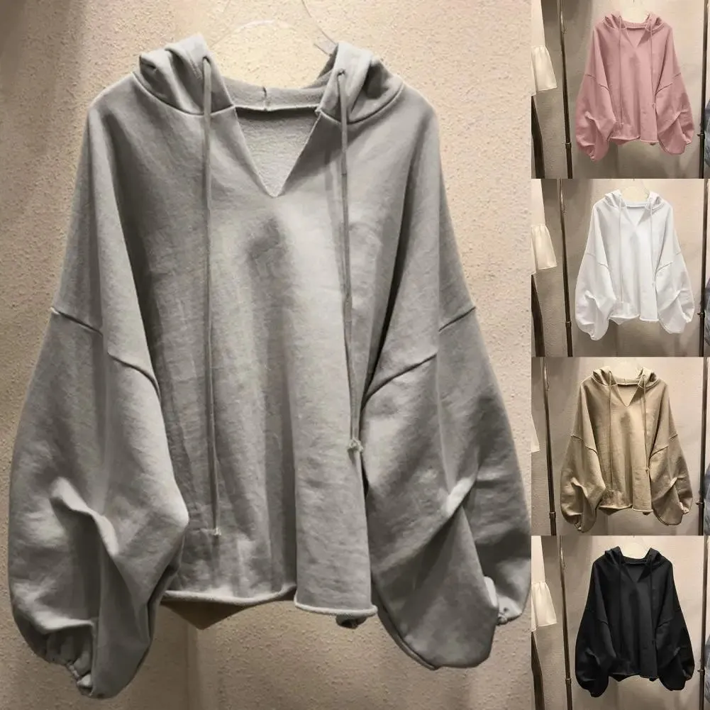 Women Hoodies Sweatshirt Solid Color Drawstring Pullover Hoodie Autumn Batwing Sleeve V-Neck Women Sweatshirt Loose Jumper 2021